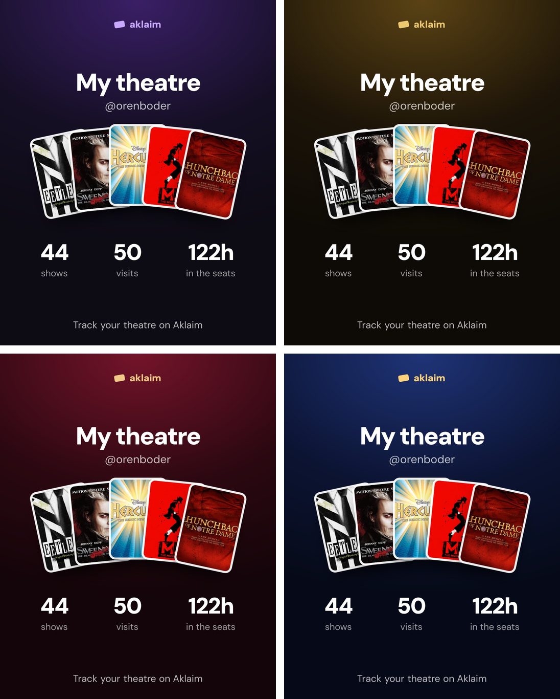 Your theatre card in Classic, Gilt, Red curtain and Midnight